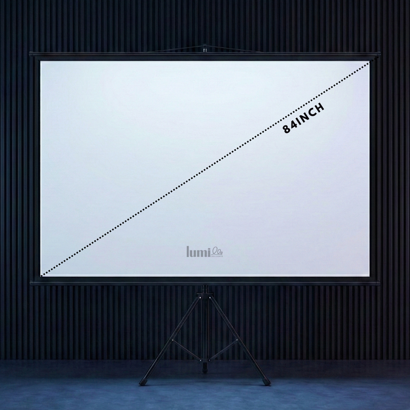 Projector screen with a 100-inch diagonal measurement on a stand against a beige wall.