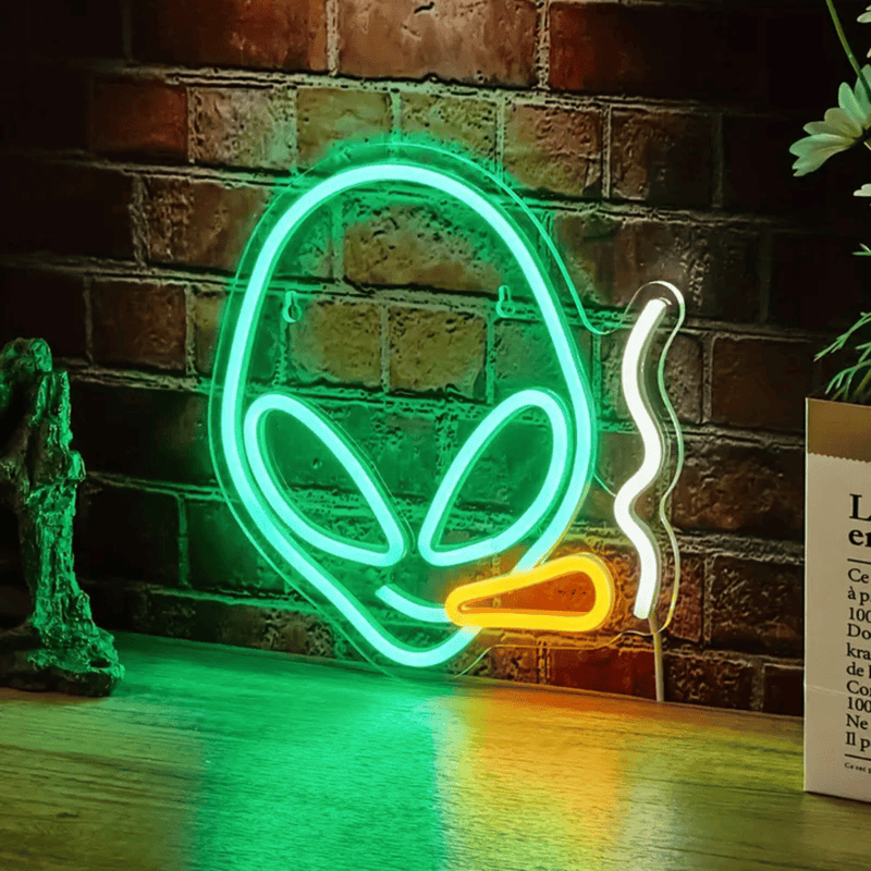 Smoking alien neon sign with green and orange LEDs