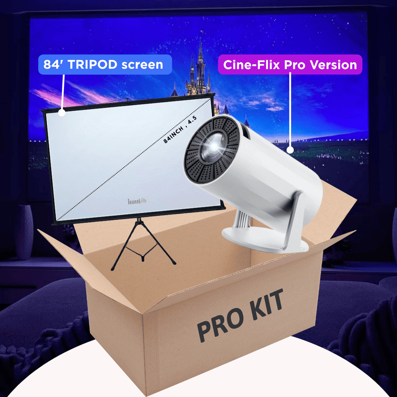  Lumi Cine Flix Pro Kit box set including an 84-inch tripod screen and portable 4K projector
