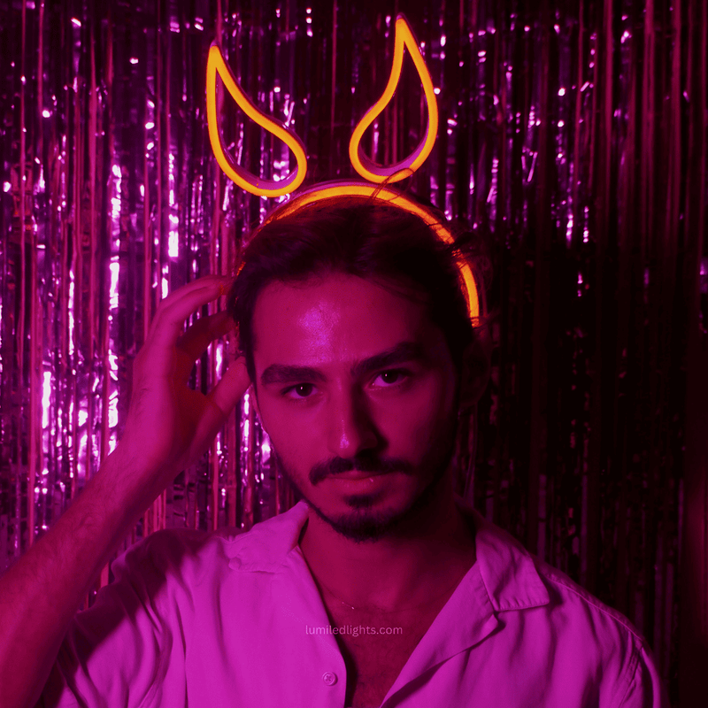 Devil LED headband neon horns close-up