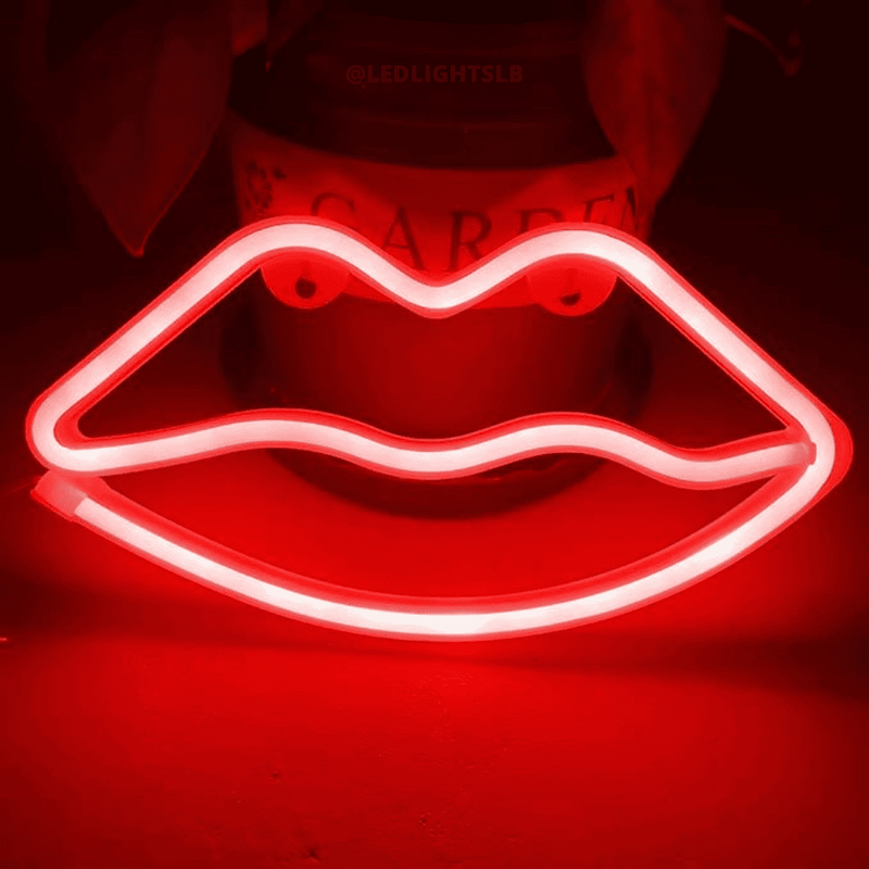 Red lip neon sign close-up glowing
