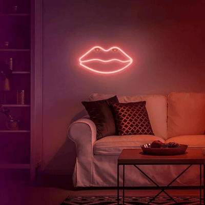 Red lip neon sign close-up glowing