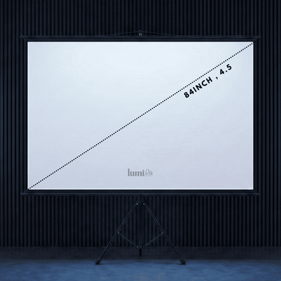 84-inch Lumi Pro Tripod Projector Screen with adjustable black stand and professional matte white surface.
