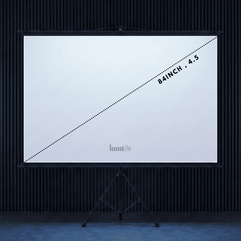 84-inch Lumi Pro Tripod Projector Screen with adjustable black stand and professional matte white surface.
