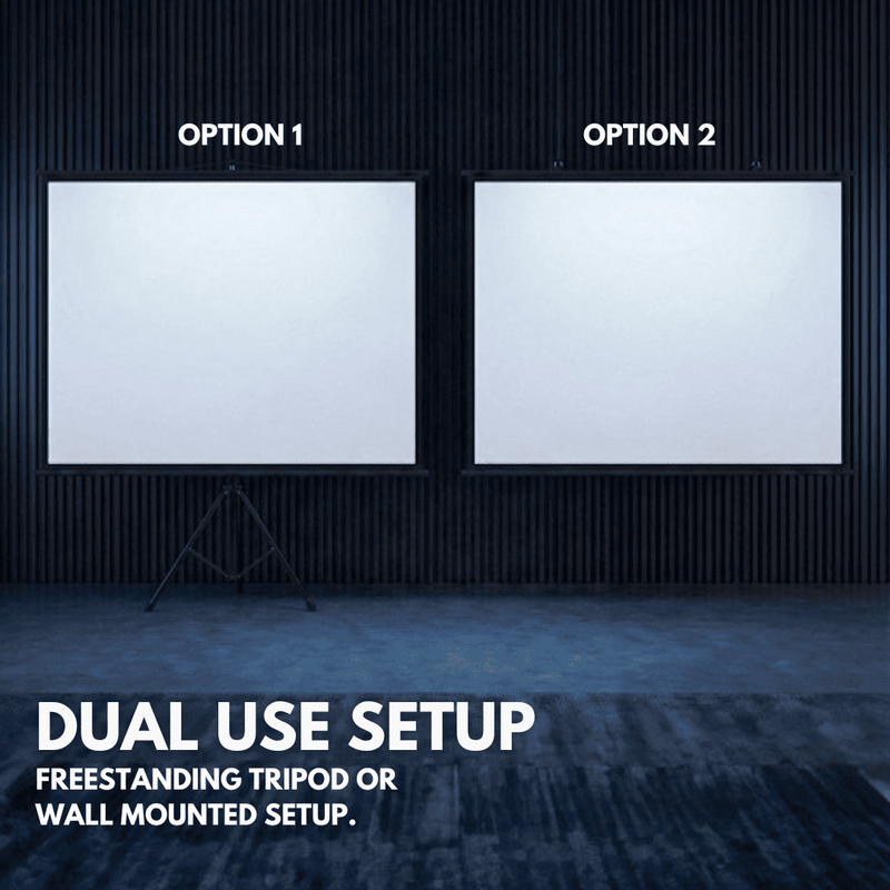 84-inch Lumi Pro Tripod Projector Screen with adjustable black stand and professional matte white surface.
