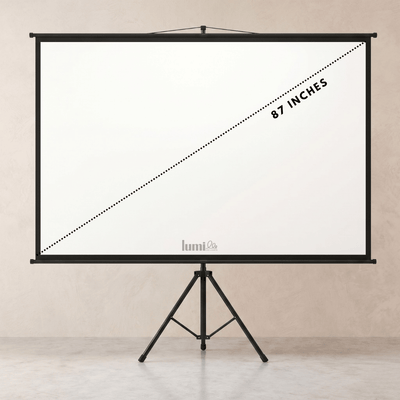 Projector screen with a 100-inch diagonal measurement on a stand against a beige wall.