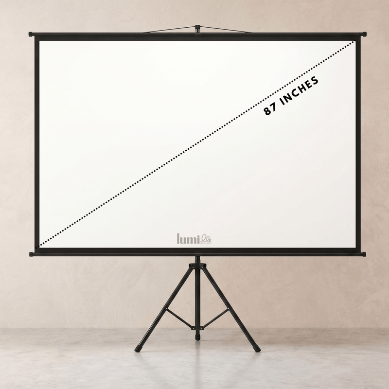 Projector screen with a 100-inch diagonal measurement on a stand against a beige wall.