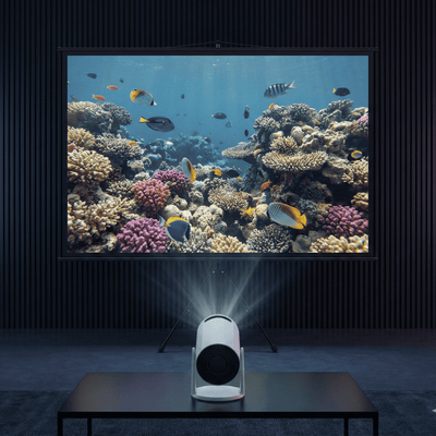 84-inch Lumi Pro Tripod Projector Screen with adjustable black stand and professional matte white surface.
