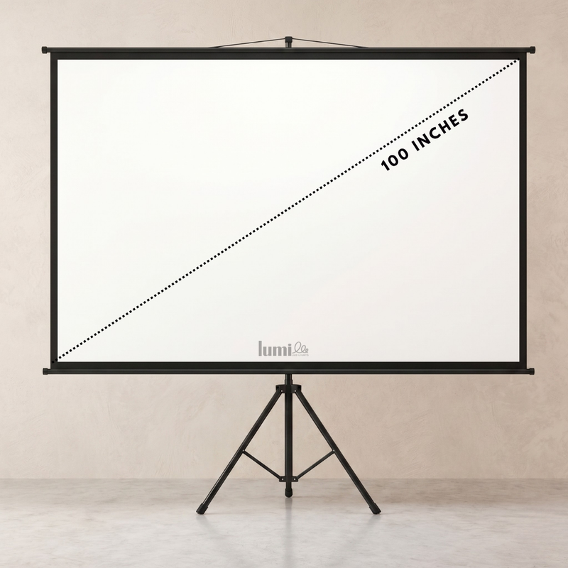 Projector screen with a 100-inch diagonal measurement on a stand against a beige wall.