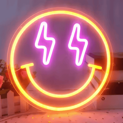 Smiley LED neon sign with yellow and purple lights