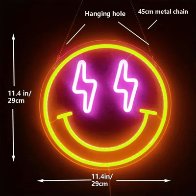 Smiley LED neon sign with yellow and purple lights