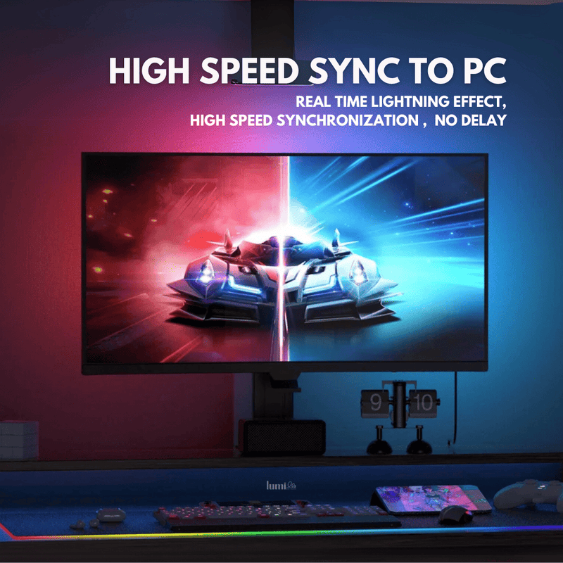 PC RGBIC sync strip lighting behind monitor for real-time effects