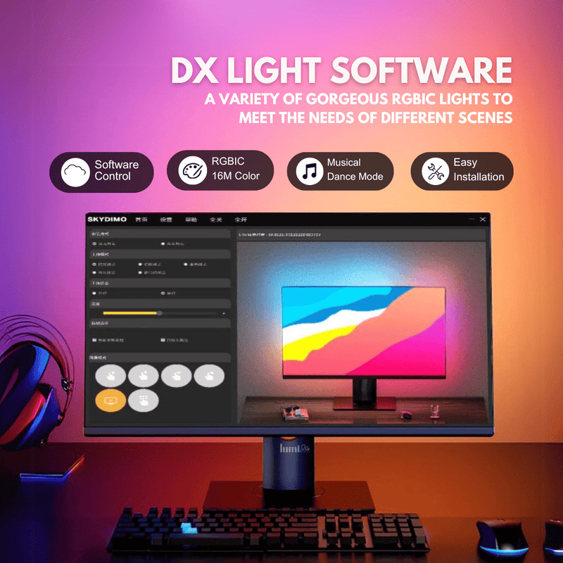 PC RGBIC sync strip lighting behind monitor for real-time effects