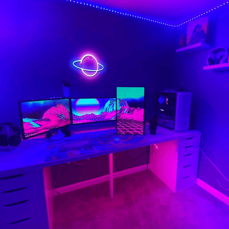 Planet neon sign glowing with dual-color LED