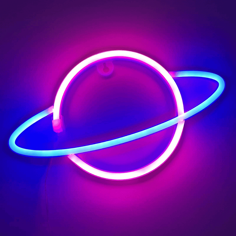 Planet neon sign glowing with dual-color LED