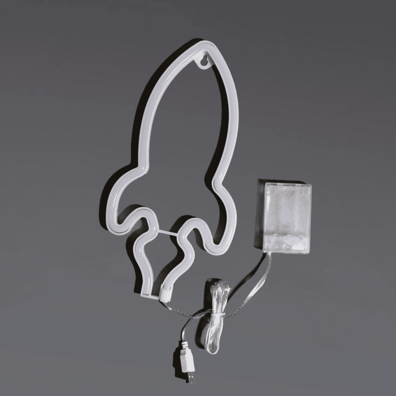 Rocket neon sign with blue and pink LEDs