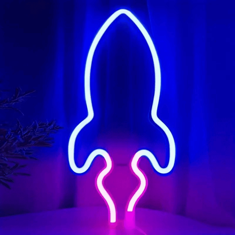 Rocket neon sign with blue and pink LEDs