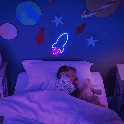Rocket neon sign with blue and pink LEDs