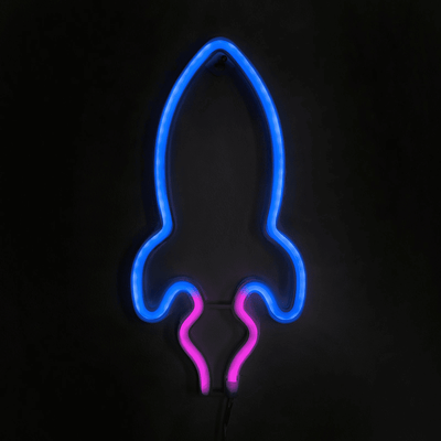 Rocket neon sign with blue and pink LEDs