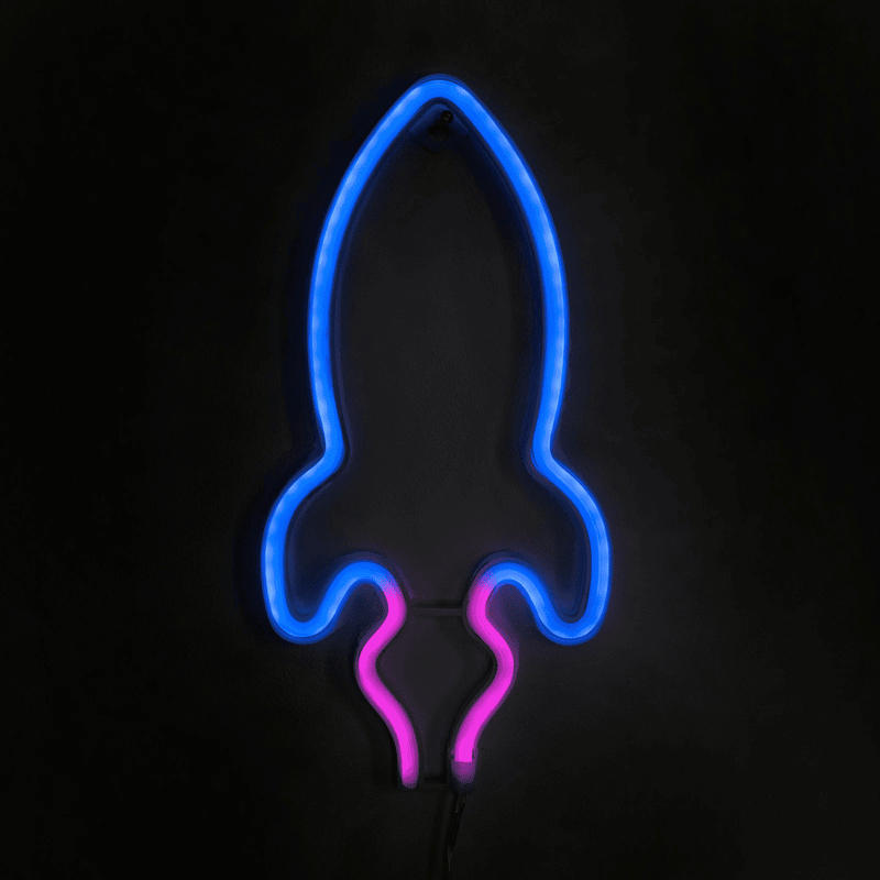 Rocket neon sign with blue and pink LEDs